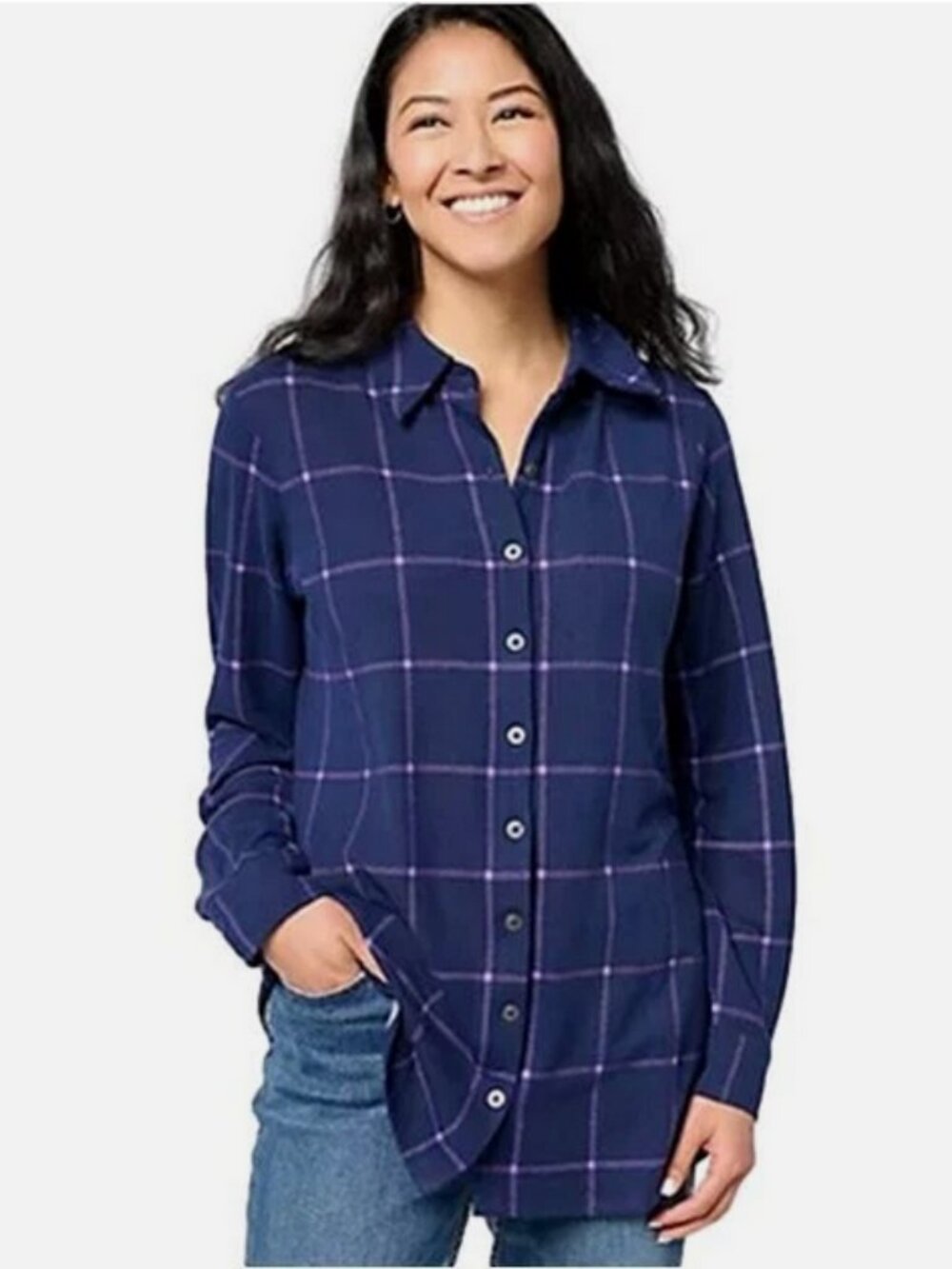 Denim & Co. Adaptive Heavenly Jersey Plaid Button Front Tunic Navy SMALL NIB